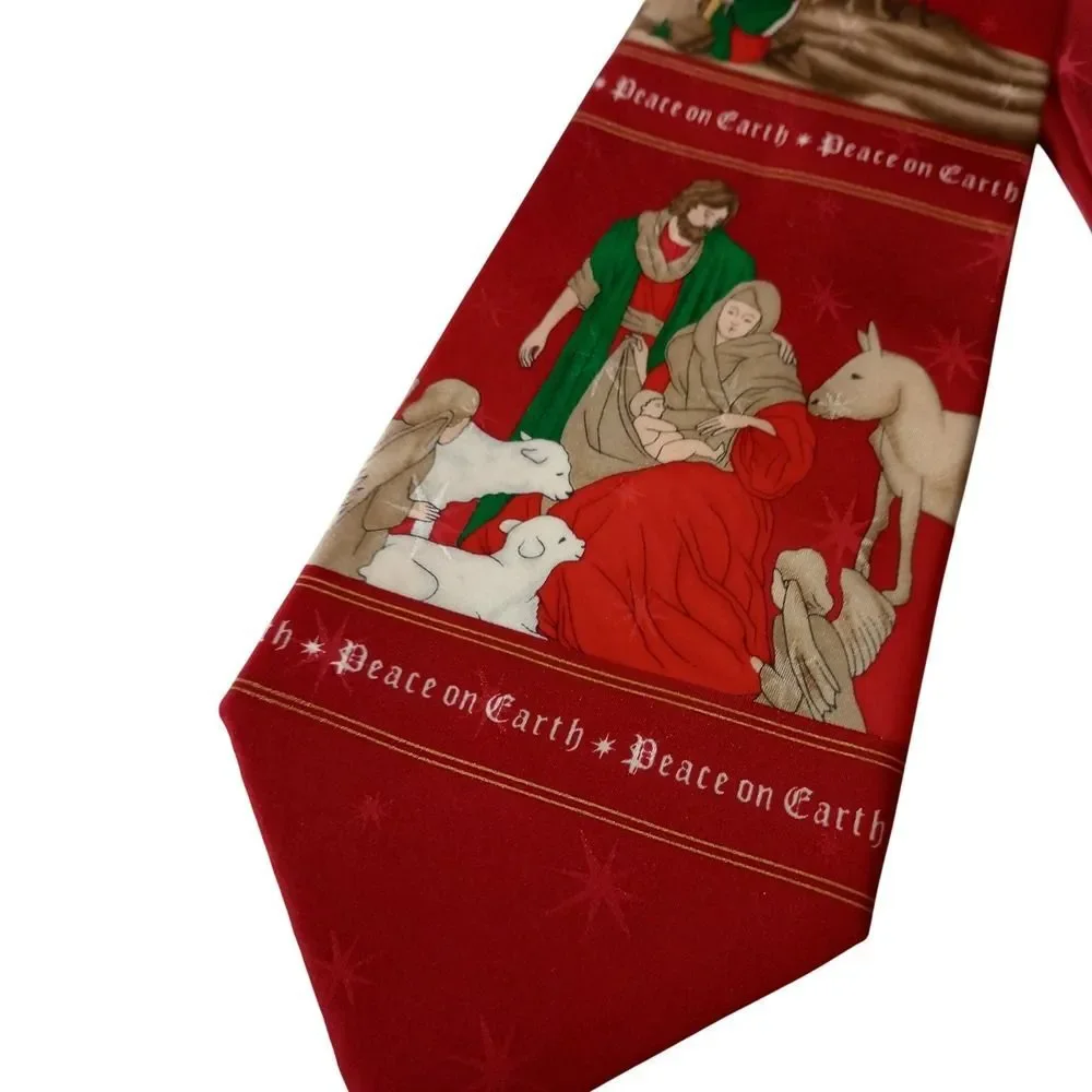 Holiday Traditions Hallmark Peace on Earth Nativity Silk Red Christmas Necktie